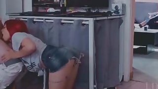 Step sister seduces, sucks and swallow step brother while mom is beside